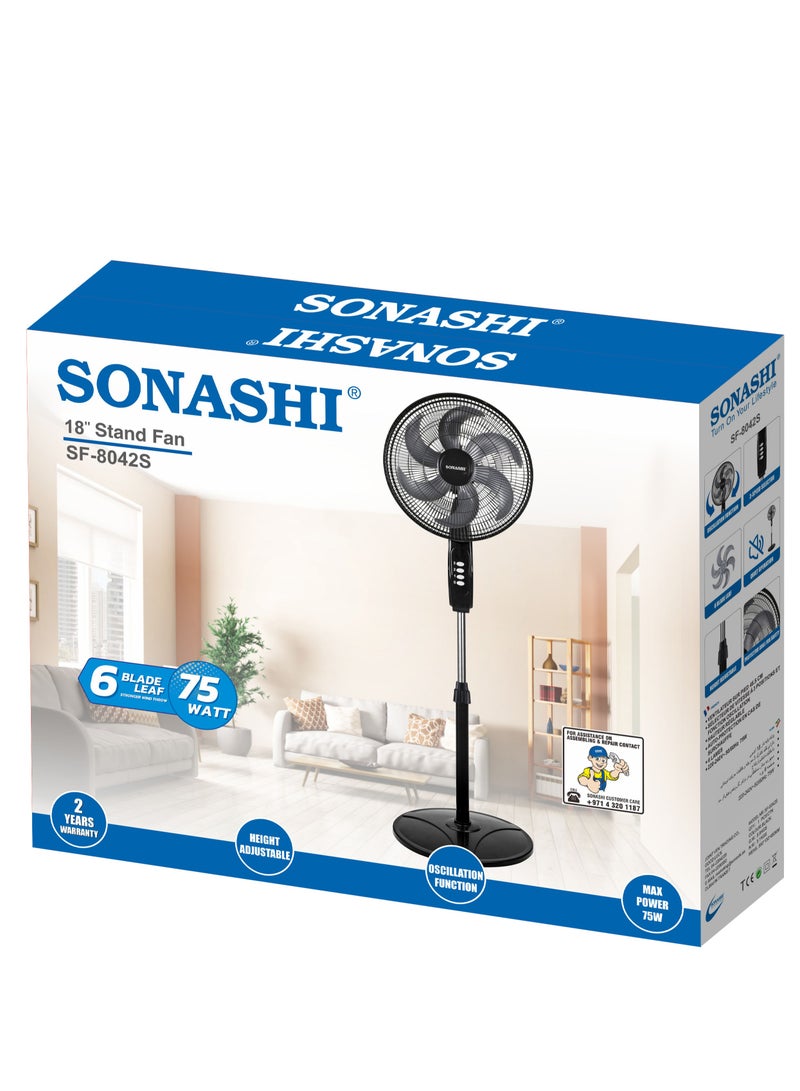 18" Stand Fan With Height Adjustable Feature | 6 Blade Leaf With 3 Speed Switch And Oscillation Function | Self Protected When Over Heated | Ideal For Office, Rooms And Dining Rooms | Tower/Stand Fan 75 W SF-8042S Black