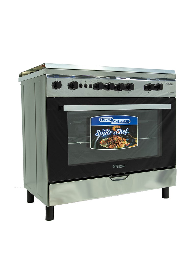 SUPER GENERAL Freestanding Gas-Cooker 5-Burner Full-Safety, Steel Cooker, Gas Oven with Thermostat, Double-Rotisserie, Automatic Ignition, Silver, 90 x 60 x 85 cm, KSGC9260FSY, 2 Year Warranty KSGC9260FSY Silver - Image 1