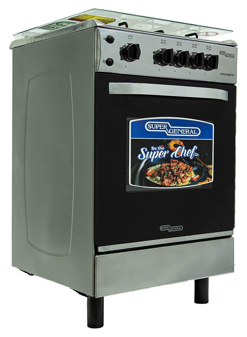 سوبر جنرال موقد غاز قائم 4 شعلات بأمان كامل، موقد فولاذي، فرن غاز مع ترموستات، إشعال تلقائي، فضي، 55 × 55 × 85 سم، KSGC55540FSY، ضمان لمدة 2 سنة - Image 1
