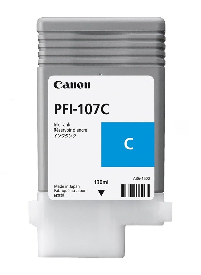 Canon PFI-107C Cyan Ink Cartridge, 130mL Inkjet, Compatible with imagePROGRAF IPF 770/ iPF680/685/780/785 Printers (1 Pack) Cyan - Image 1