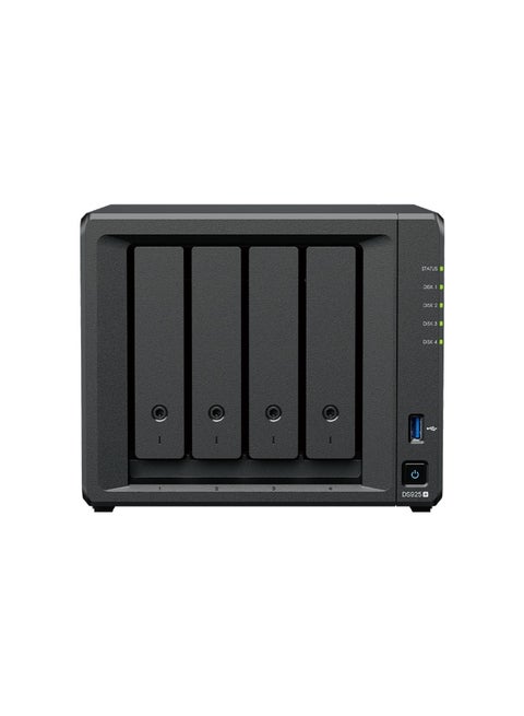 DS925+ Diskless 4-Bay NAS – AMD Ryzen V1500B, 4GB DDR4 ECC (Up to 32GB), Dual 2.5GbE, 2x M.2 NVMe, USB 3.2, RAID 0/1/5/6/10, Btrfs/EXT4, Expandable to 180TB, DSM 7.2, Virtualization & Surveillance Ready Black