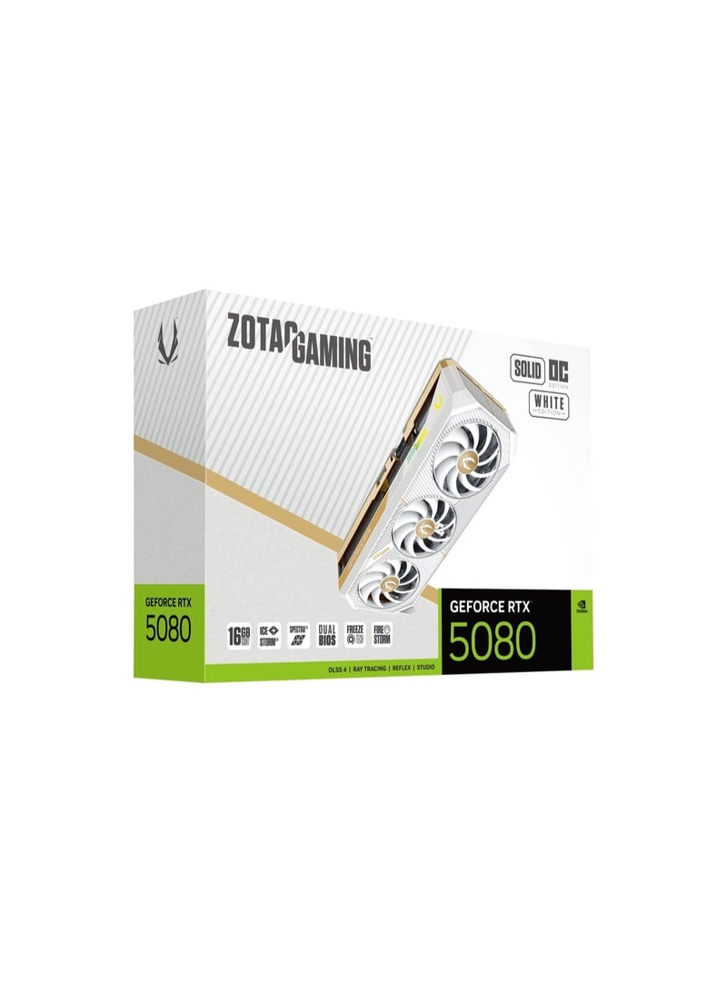 GAMING GeForce RTX 5080 SOLID OC 16GB GDDR7 Graphics Card, 10752 CUDA Cores, PCIe 5.0 x16, 2640MHz Boost Clock, IceStorm 3.0 Cooling, Vapor Chamber, BladeLink Fans, DLSS 4, Ray Tracing, 3.5-Slot, 360W TDP, 3x DisplayPort 2.1b, 1x HDMI 2.1b, SPECTRA 2.0 RGB, Dual BIOS, Metal Backplate, GPU Support Bracket, VR Ready, 4K Gaming, White Aesthetic | ZT-B50800Q-10P