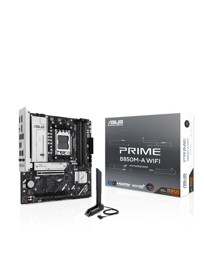 Prime B850M-A WiFi mATX Motherboard – AM5, Ryzen 9000/7000, DDR5, PCIe 5.0, 3x M.2, 4x SATA, WiFi 6E, 2.5Gb LAN, USB-C, HDMI/DP, Aura Sync, BIOS Flash - 90MB1LN0-M0EAY0 Black