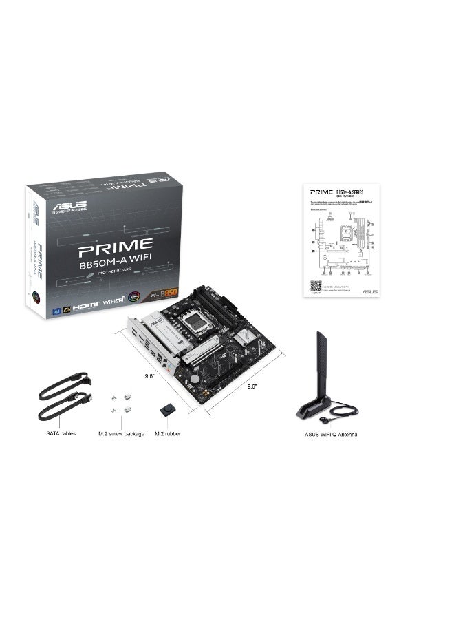 Prime B850M-A WiFi mATX Motherboard – AM5, Ryzen 9000/7000, DDR5, PCIe 5.0, 3x M.2, 4x SATA, WiFi 6E, 2.5Gb LAN, USB-C, HDMI/DP, Aura Sync, BIOS Flash - 90MB1LN0-M0EAY0 Black