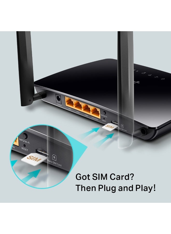 Archer MR402 AC1200 Dual Band 4G LTE Wireless Wi-Fi Router, Nano SIM Slot, Up to 1200Mbps (2.4GHz 300Mbps + 5GHz 867Mbps), Supports 4G LTE/3G/DSL Failover, 64 Devices, 2 Detachable Antennas, Parental Controls, Guest Network, Tether App, WAN/LAN Ports, VPN, QoS, Plug & Play, UAE Compatible black