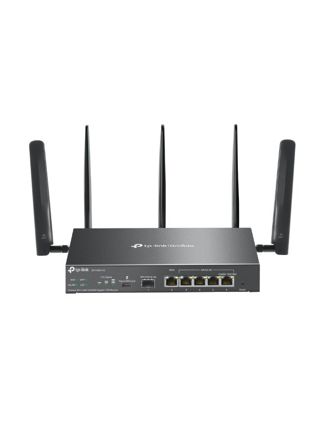 TP-LINK Omada ER706W-4G AX3000 Dual Band WiFi 6 Gigabit VPN Router | 4G+ LTE Cat6 Upto 300Mbps | SFP WAN | 5x Gigabit Ports | 512MB RAM | 128MB Flash | 5 Antennas | IPSec/SSL/WireGuard/OpenVPN | SDN Cloud Managed | Wall/Desktop Mount black - Image 1
