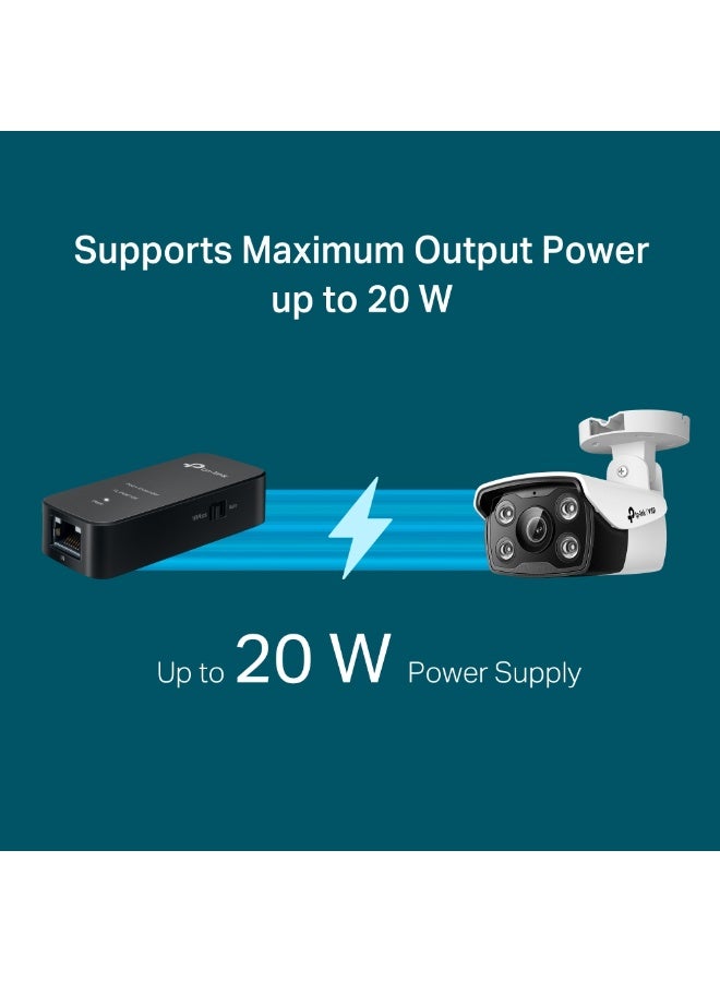 TL-POE10E PoE+ Injector Adapter – IEEE 802.3af/at Compliant, 10/100 Mbps, Up to 20W Output, 250m Range, Dual RJ45 Ports, Plug & Play, Compact Design, PoE IN/OUT, Ideal for IP Cameras and Access Points Black