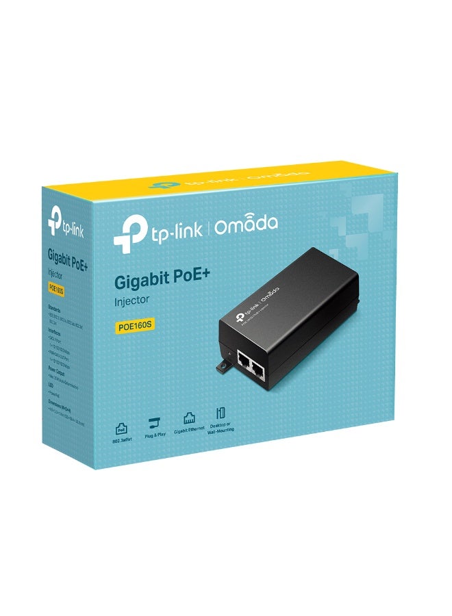 تي بي لينك Omada POE160S Gigabit PoE+ Injector | IEEE 802.3af/at Compliant | Up to 30W Power Output | Dual RJ45 Gigabit Ports | Integrated Power Supply | Plug-and-Play | Wall/Desktop Mount | 100–240V AC Input | Supports Access Points, IP Cameras, VoIP | 125x59.4x36.8mm | Black black  - Image 1