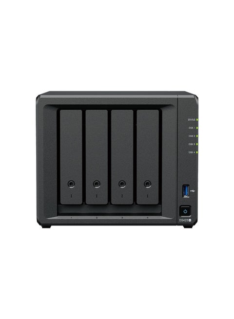 DiskStation DS425+ 4-Bay NAS – Intel Celeron J4125 Quad-Core 2.7GHz, 2GB DDR4 RAM (Expandable to 6GB), 4 x 3.5"/2.5" SATA Drive Bays, 2 x M.2 NVMe SSD Slots, 1 x 2.5GbE LAN Port, 2 x USB 3.2, RAID 0/1/5/6/10 Support, AES-NI Encryption, Private Cloud, Backup & Surveillance Solution, DSM OS black