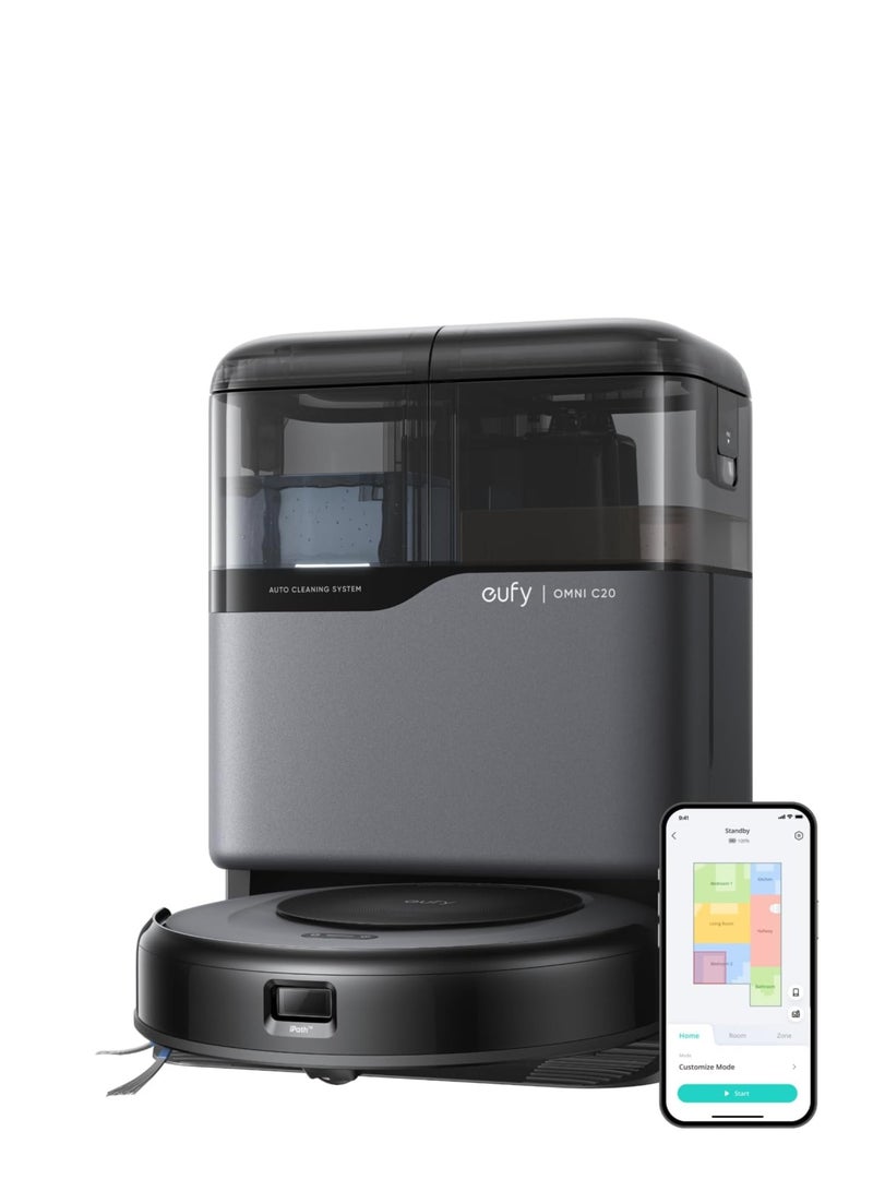 إيوفي مكنسة روبوت أومني C20 مع ممسحة، محطة شاملة، 7,000 با، جسم فائق النحافة بسمك 3.35 بوصة، تفريغ تلقائي، غسيل وتجفيف الممسحة لتنظيف بدون استخدام اليدين، رفع الممسحة وكشف السجاد - Image 1
