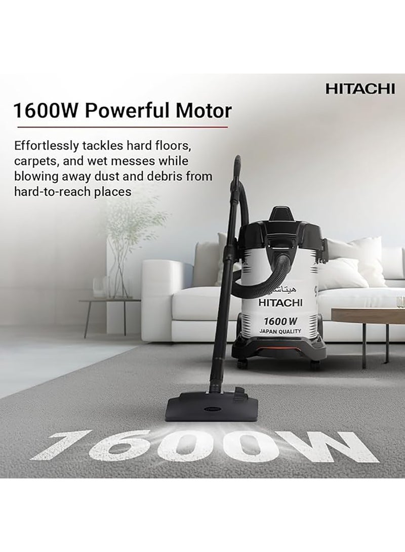 هيتاشي Wet & Dry, Sand Blower Vacuum Cleaner, 3 in 1 Performance, Rust-Free Stainless-Steel Body, 25L Big Dust Capacity, 1600w Motor Power, Dust Indicator, Made In Thailand, CV975PWBKGAE-Inox 1600 W CV975PWBKGAE Black/White - Image 4
