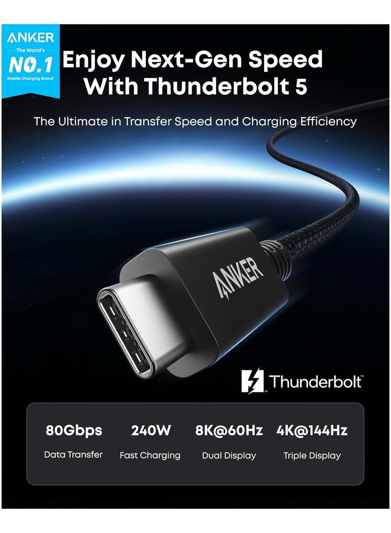 Anker Prime TB5 Cable, 3.3 FT USB C to USB C, 240W Charging Thunderbolt 5 Cable, 80Gbps Data Transfer, Supports 8K/4K Displays, for iPhone 16 Series, MacBook Air, And More (Thunderbolt 5-Certified) - Black  - Image 2