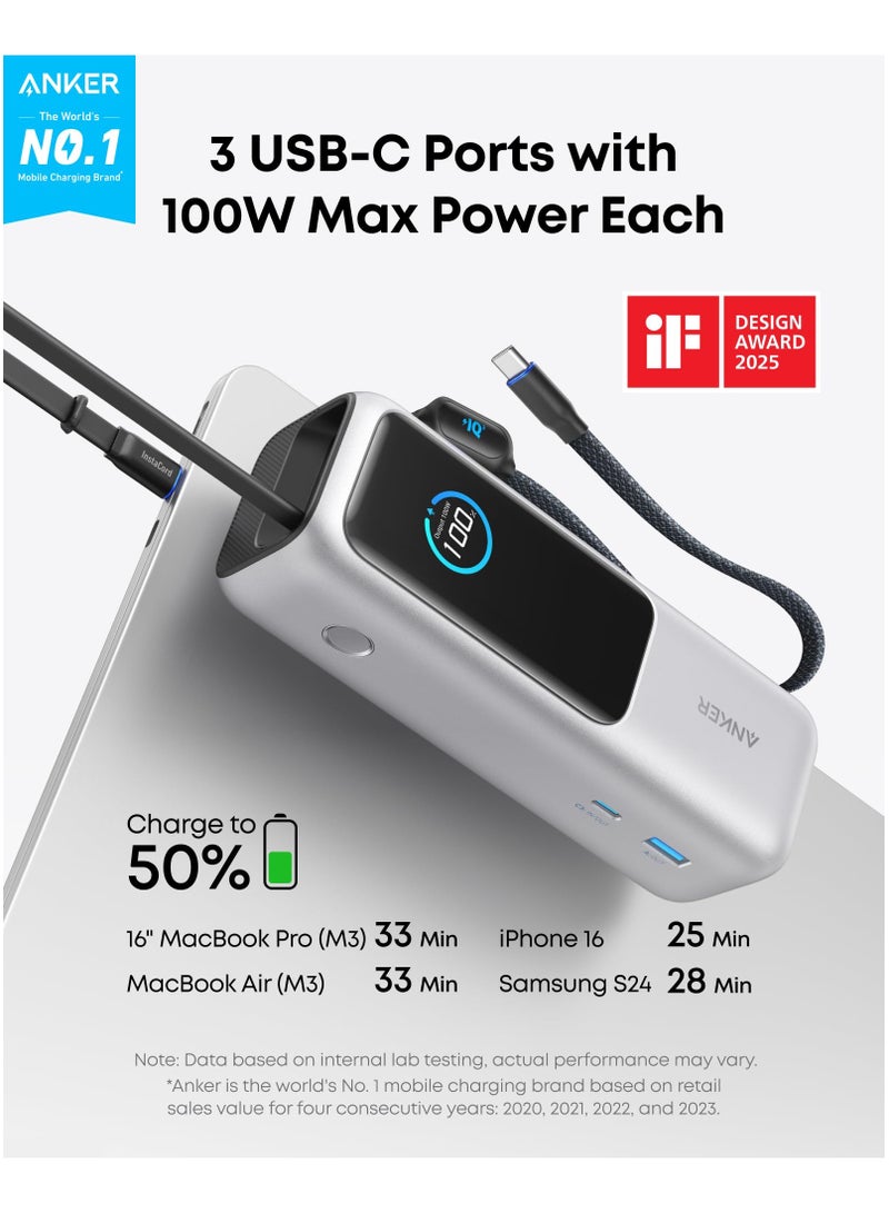 Anker 2500 mAh Power Bank, 165W Ultra-Fast Portable Charger For Dual Laptops, Fast Charging Battery Pack With Built-In And Retractable Cables, For iPhone 16/15 Series, Samsung, And More - Silver  - Image 2