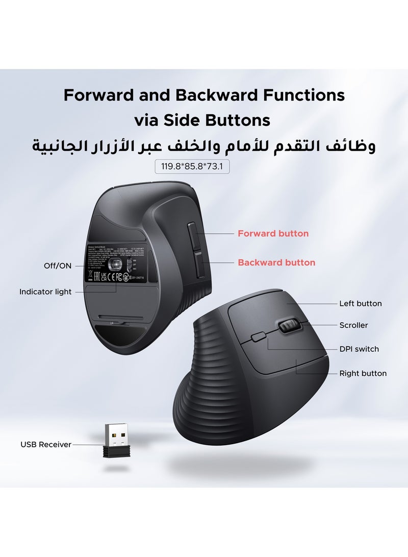 Ugreen Mouse Wireless Vertical 57 Degree With Ergonomic Design 2.4G USB Adapter Connection, 4-Level DPI Adjustable,  Comfortable Grip, Noiseless Click, Long Battery Life Compatible With Mac/Windows/Linux Black  - Image 4