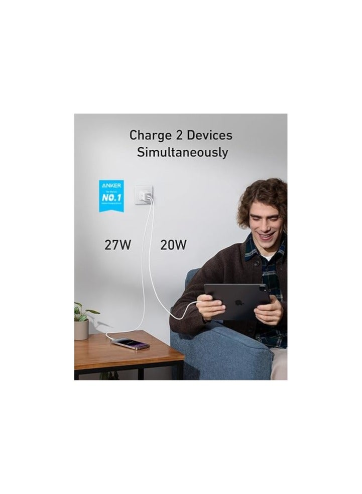 USB C Plug, Anker 47W 2-Port Fast USB C Charger, Nano 3 GaN Compact Charger for iPhone 16/16 Pro/16 Pro Max/16 Plus, Galaxy S23, Pixel 4/3, iPad Mini, and More (Cable Not Included) - White - Image 2