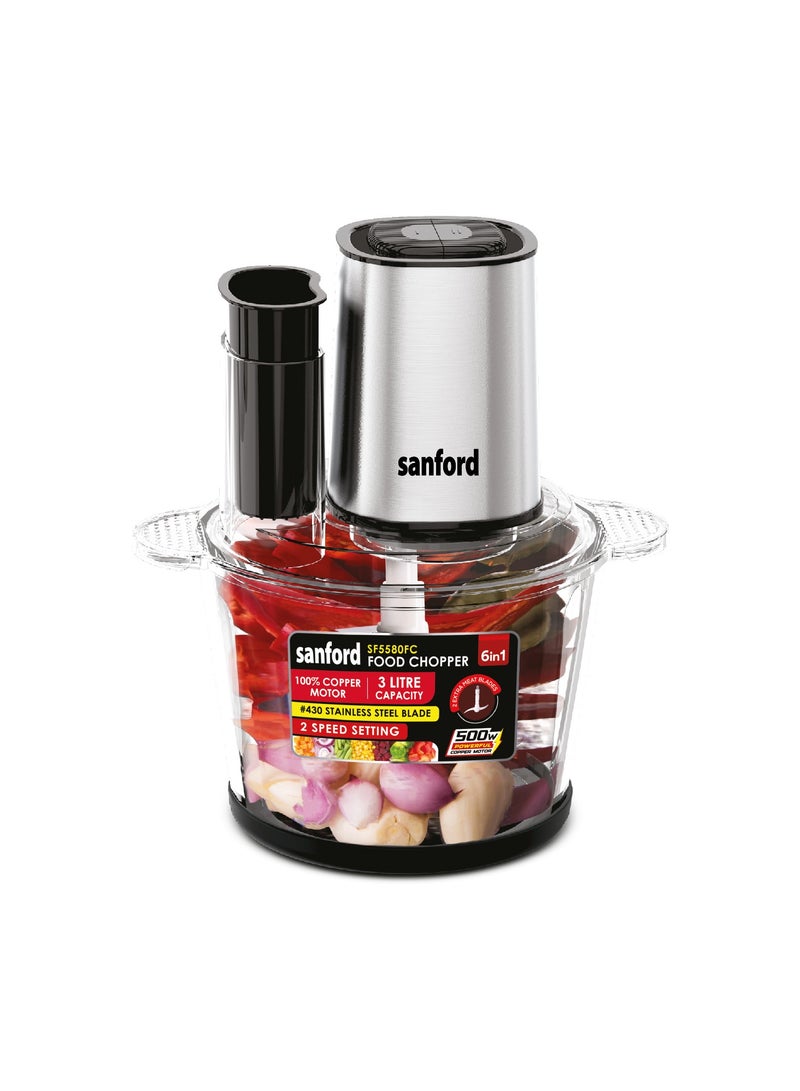 Sanford Multifunctional 3L Glass Electric Food Chopper Stainless Steel Blade, High Efficient in Chopping Meat, mincing, mixing, slicing, Powerful Copper Motor 3 L 500 W SF5580FC BS Silver - Image 1
