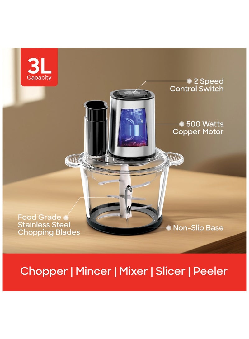 Sanford Multifunctional 3L Glass Electric Food Chopper Stainless Steel Blade, High Efficient in Chopping Meat, mincing, mixing, slicing, Powerful Copper Motor 3 L 500 W SF5580FC BS Silver - Image 3