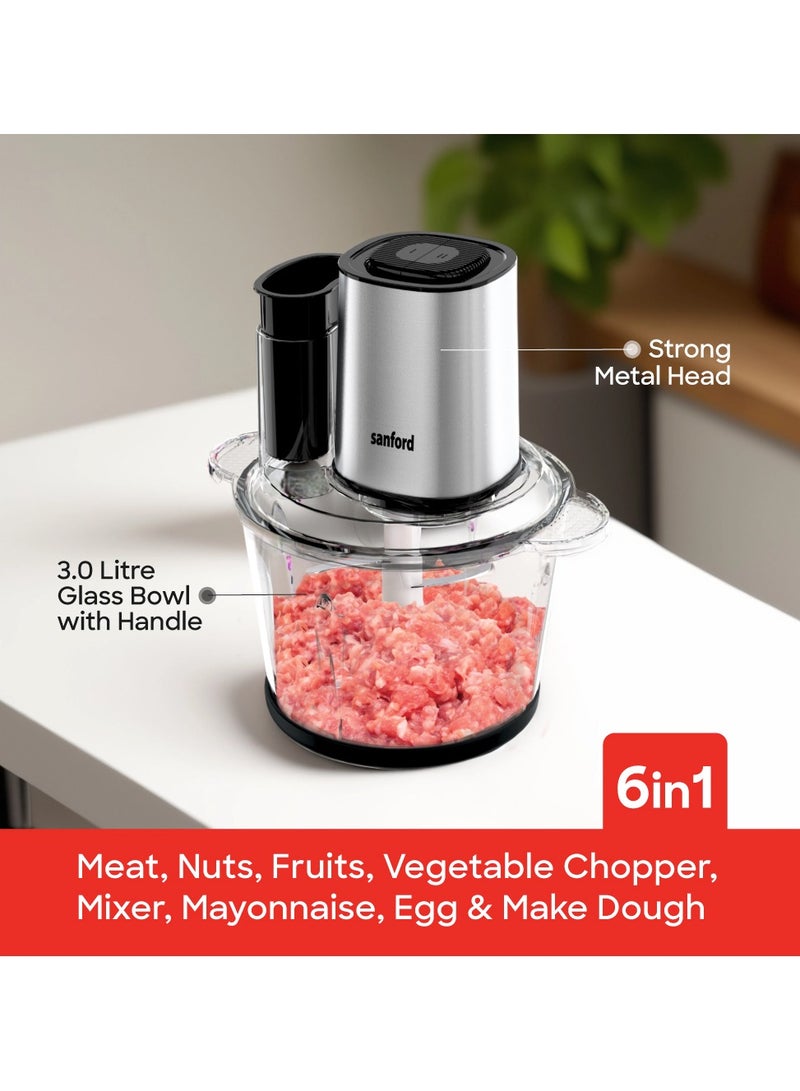 Sanford Multifunctional 3L Glass Electric Food Chopper Stainless Steel Blade, High Efficient in Chopping Meat, mincing, mixing, slicing, Powerful Copper Motor 3 L 500 W SF5580FC BS Silver - Image 4