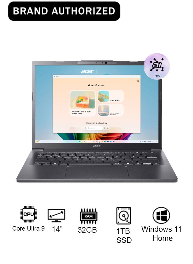 أيسر Aspire A14 AI Laptop 14th Gen Intel Core Ultra 9-288V Octa Core Upto 5.1GHz/32GB LPDDR5X RAM/1TB SSD Storage/Intel® Arc™ 140V Graphics/14" WUXGA IPS Touch Screen Display/W11/Backlit KB/FP/WiFi-6E/FHD IR Camera/ English/Arabic Steel Gray - Image 1