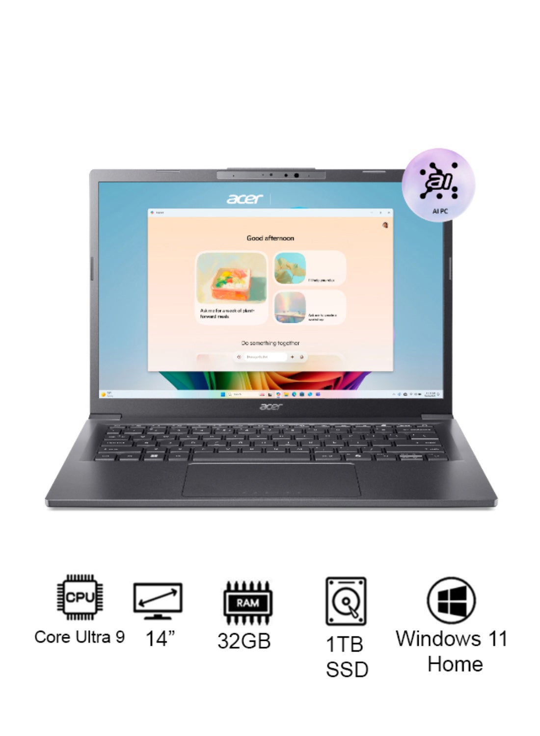 Aspire A14 AI Laptop 14th Gen Intel Core Ultra 9-288V Octa Core Upto 5.1GHz/32GB LPDDR5X RAM/1TB SSD Storage/Intel® Arc™ 140V Graphics/14" WUXGA IPS Touch Screen Display/W11/Backlit KB/FP/WiFi-6E/FHD IR Camera/ English/Arabic Steel Gray