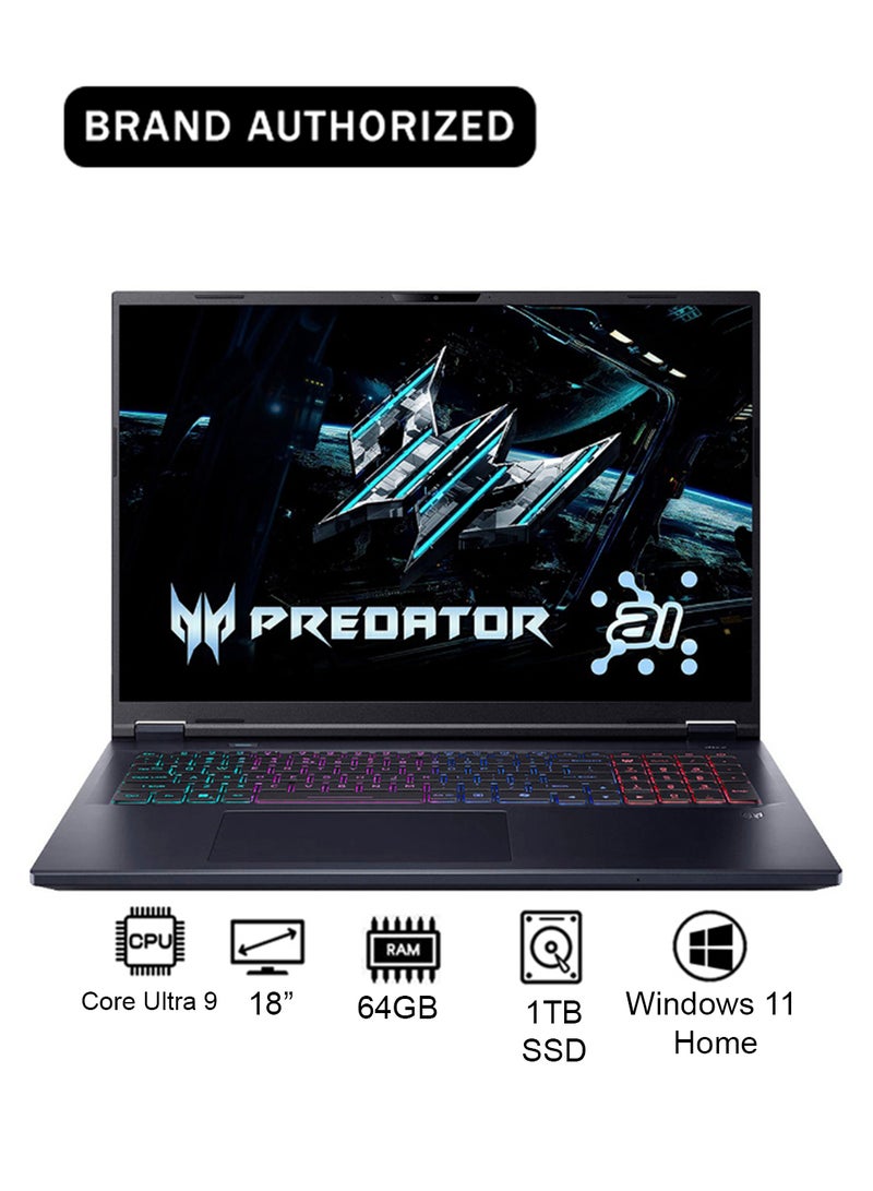 أيسر لابتوب الألعاب Predator Helios Neo 18 الجيل 14 مع معالج Intel Core Ultra 9-275HX 24 نواة بسرعة تصل إلى 5.4GHz/64GB ذاكرة DDR5 6400MHz/1TB SSD SED/12GB NVIDIA®GeForce®RTX 5070 Ti رسومات/شاشة 18" WQXGA IPS 250Hz DDS Mini LED/W11/كابل Killer WiFi-6E/لوحة مفاتيح RGB بأربعة مناطق/Thunderbolt 4/ - Image 1