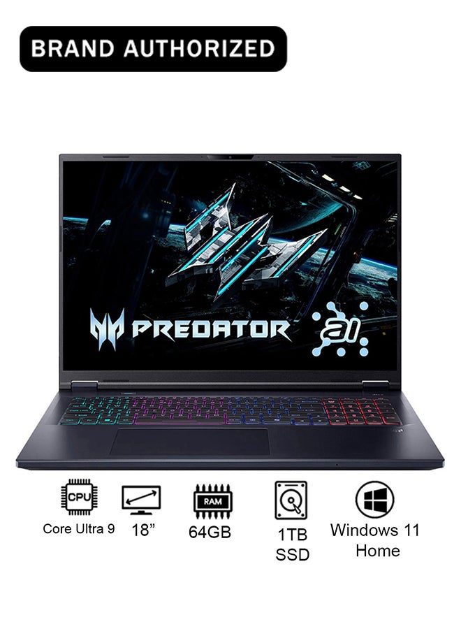 Acer Predator Helios Neo 18 Gaming Laptop 14th Gen Intel Core Ultra 9-275HX 24 Cores Upto 5.4GHz/64GB DDR5 6400MHz RAM/1TB SED SSD/12GB NVIDIA®GeForce®RTX 5070 Ti Graphics/18" WQXGA IPS 250Hz DDS Mini LED Display/W11/Killer WiFi-6E/4-Zone RGB KB/Thunderbolt 4/ English/Arabic Abyssal Black - Image 1