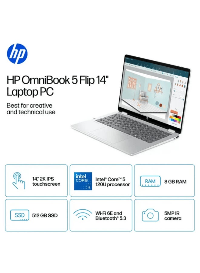 HP (نسخة محدثة) لابتوب أومني بوك 5 القابل للتحويل مع شاشة WUXGA بحجم 14 بوصة، معالج كور 5 120U/ذاكرة وصول عشوائي 8 جيجابايت/قرص صلب SSD بسعة 512 جيجابايت/رسومات إنتل آرك/ويندوز 11 هوم إنجليزي فضي جليدي - Image 5