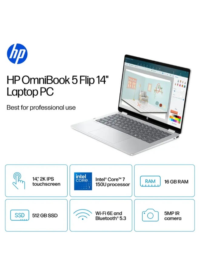 OmniBook 5 Flip Personal Laptop With 14-Inch WUXGA Display, Core 7 150U Processor/16GB RAM/512GB SSD/Intel Arc Graphics/Windows 11 Home English Glacier Silver