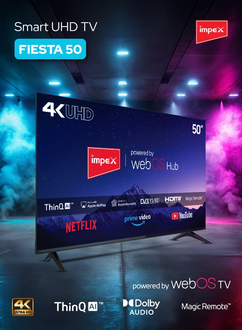 إمبكس 50 Inch 4K Ultra HD Smart LED TV | WebOS | Dolby Audio | Magic Remote | ThinQ AI | Apple AirPlay & Apple Home | Netflix, YouTube, Prime Video | A+ Panel | Super Slim | 2x USB, 3x HDMI FIESTA 50 black  - Image 2