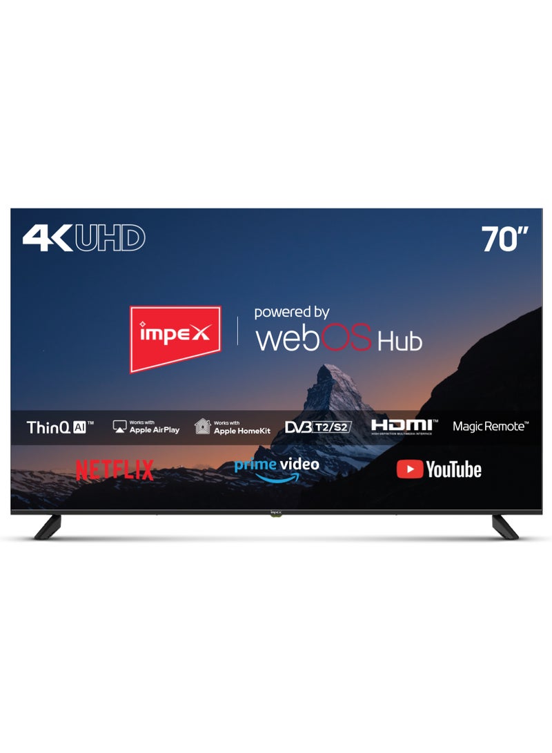 إمبكس 70 Inch 4K UHD Smart LED TV | WebOS | Dolby Audio | Magic Remote | ThinQ AI | Apple AirPlay & Home | Netflix, YouTube, Prime Video | A+ Grade Panel | Super Slim Design | 2x USB, 3x HDMI FIESTA 70 black  - Image 1