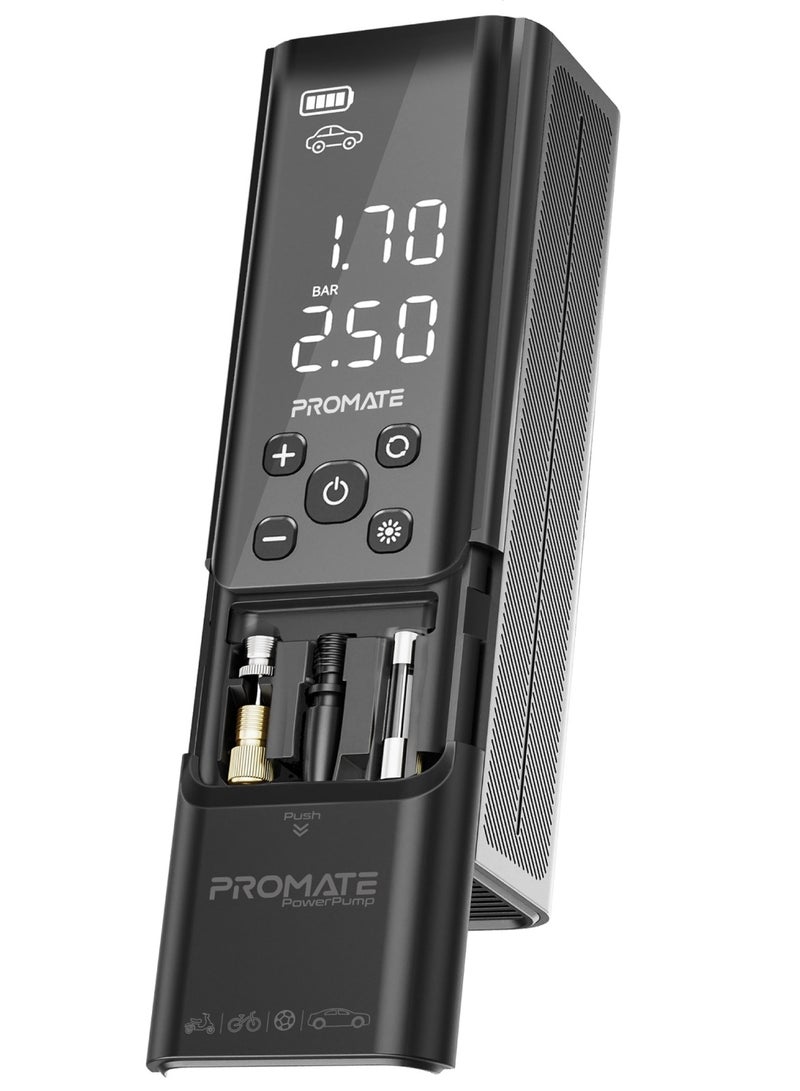 PROMATE Portable Air Tire Inflator with 7500mAh  Power Bank, Multi-Functional Hand-Held Air Pump with 150PSI, LED Light, SOS Function, USB-A port, LED Display Black  - Image 1