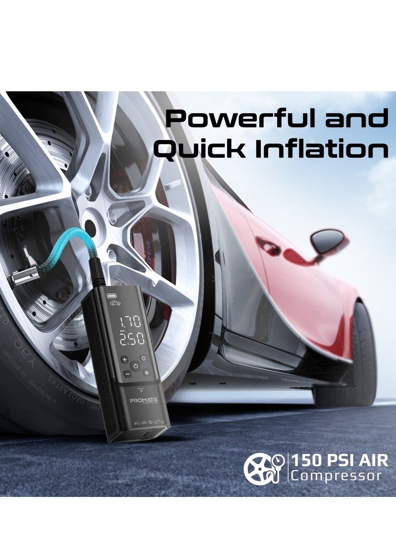 PROMATE Portable Air Tire Inflator with 7500mAh  Power Bank, Multi-Functional Hand-Held Air Pump with 150PSI, LED Light, SOS Function, USB-A port, LED Display Black  - Image 2
