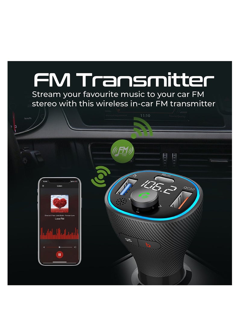 Promate Wireless FM Transmitter with Bluetooth V5.1, USB-C PD, QC 3.0, USB Media Port and Mic, PowerTune-38W POWERTUNE-38W Black - Image 2