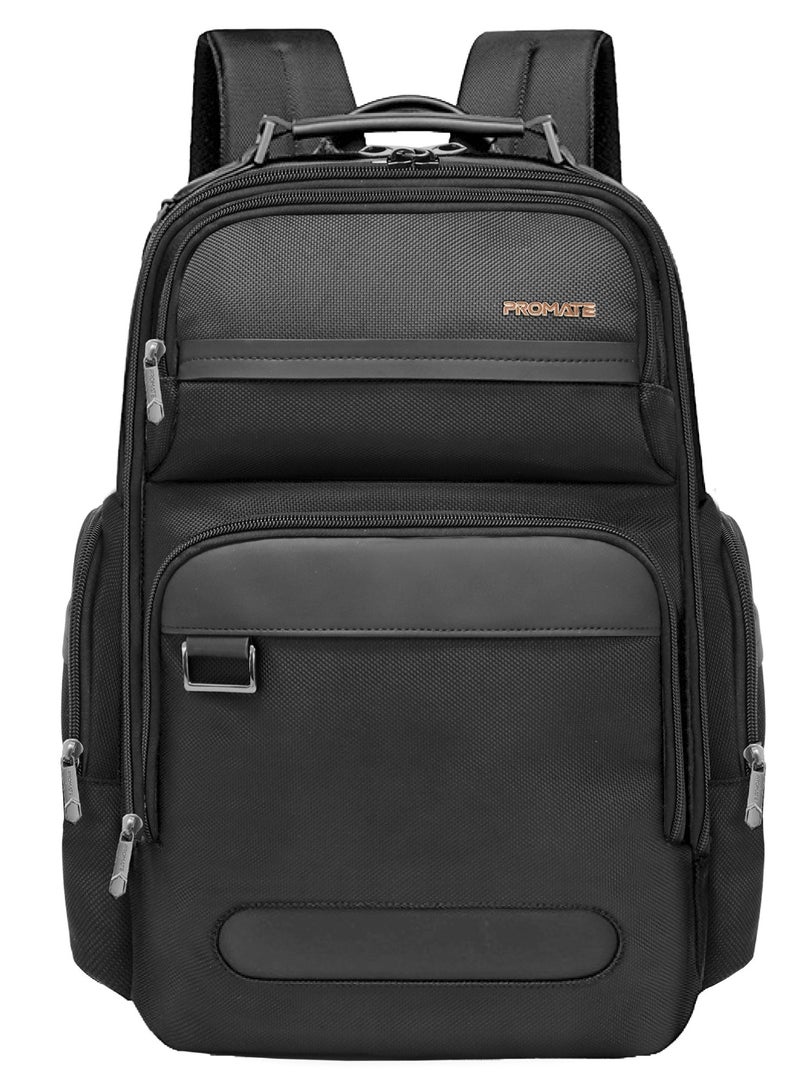 بروميت Promate Travel Backpack with Trolley Strap, Shock-Proof 15.6" Laptop Storage, Spacious Compartments, Ergonomic Lightweight Structure, Water-Resistant Nylon, And Smooth Secure Zippers Voyage-BP Black Black - Image 1
