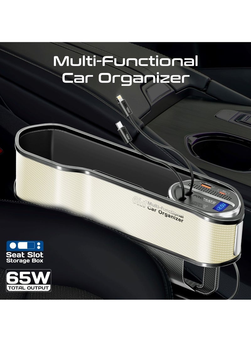 بروميت منظم سيارات متعدد الوظائف 6 في 1 من بروميت، محطة شحن 65 واط مع كابل قابل للسحب Lightning بقوة 20 واط، كابل USB-C قابل للسحب بقوة 30 واط، منافذ USB-C / A، شاشة عرض جهد LED، كرمات-RPD بيج - Image 2