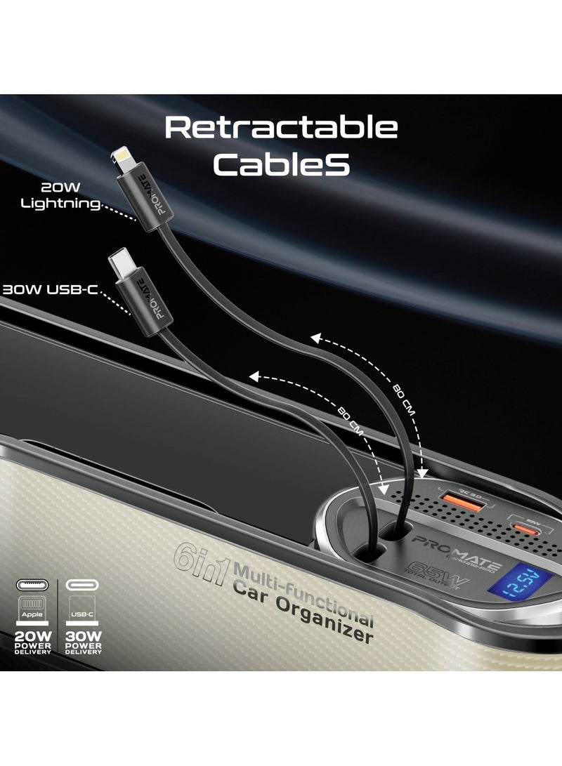 بروميت منظم سيارات متعدد الوظائف 6 في 1 من بروميت، محطة شحن 65 واط مع كابل قابل للسحب Lightning بقوة 20 واط، كابل USB-C قابل للسحب بقوة 30 واط، منافذ USB-C / A، شاشة عرض جهد LED، كرمات-RPD بيج - Image 4