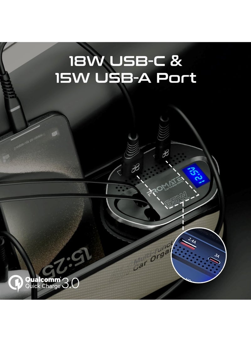 بروميت منظم سيارات متعدد الوظائف 6 في 1 من بروميت، محطة شحن 65 واط مع كابل قابل للسحب Lightning بقوة 20 واط، كابل USB-C قابل للسحب بقوة 30 واط، منافذ USB-C / A، شاشة عرض جهد LED، كرمات-RPD بيج - Image 3