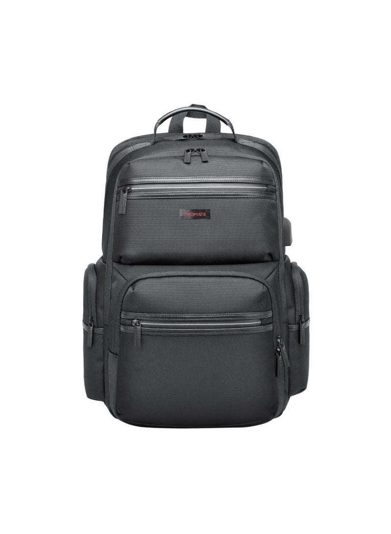 بروميت Promate Lightweight 15.6-inch Laptop Backpack with USB Charging Port, Secure Zippers, Adjustable Straps, Water Resistance, and Durable Finish for MacBook Air, iPad, Dell XPS 13, ElitePack-Pro Black  - Image 1
