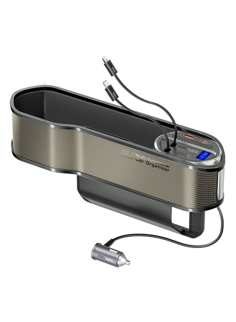 Promate 6 in 1 Multi-Functional Car Organizer, 65W Charging Station With 20W Lightning Retractable Cable, 30W USB-C Retractable Cable, USB-C / A Ports, LED Voltage Display Car Carmate-RPD Brown - Image 1