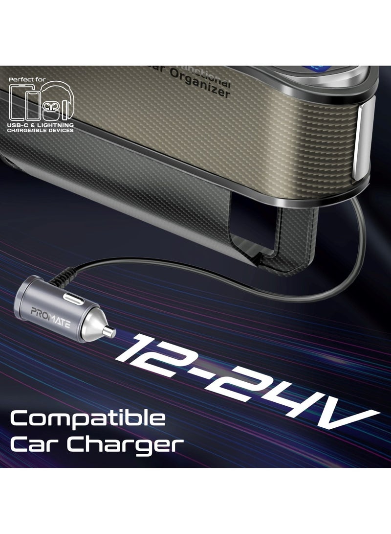 Promate 6 in 1 Multi-Functional Car Organizer, 65W Charging Station With 20W Lightning Retractable Cable, 30W USB-C Retractable Cable, USB-C / A Ports, LED Voltage Display Car Carmate-RPD Brown - Image 5