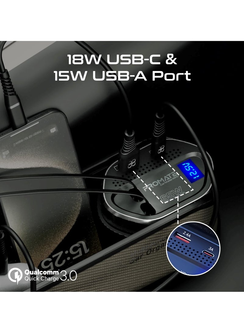 Promate 6 in 1 Multi-Functional Car Organizer, 65W Charging Station With 20W Lightning Retractable Cable, 30W USB-C Retractable Cable, USB-C / A Ports, LED Voltage Display Car Carmate-RPD Brown - Image 3