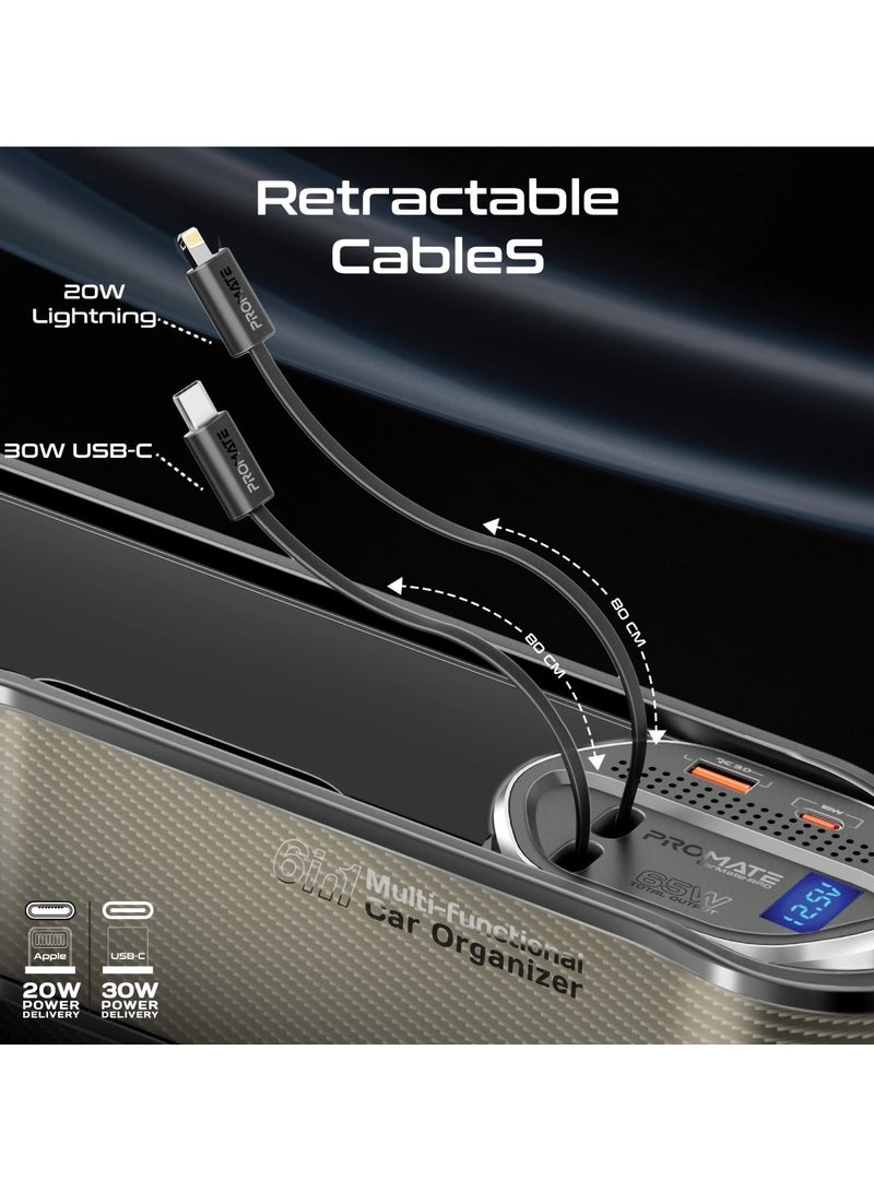 Promate 6 in 1 Multi-Functional Car Organizer, 65W Charging Station With 20W Lightning Retractable Cable, 30W USB-C Retractable Cable, USB-C / A Ports, LED Voltage Display Car Carmate-RPD Brown - Image 4