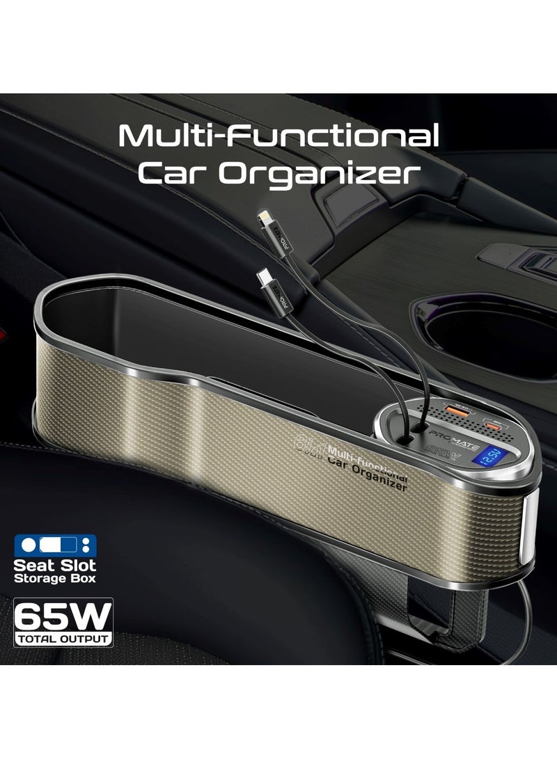 Promate 6 in 1 Multi-Functional Car Organizer, 65W Charging Station With 20W Lightning Retractable Cable, 30W USB-C Retractable Cable, USB-C / A Ports, LED Voltage Display Car Carmate-RPD Brown - Image 2