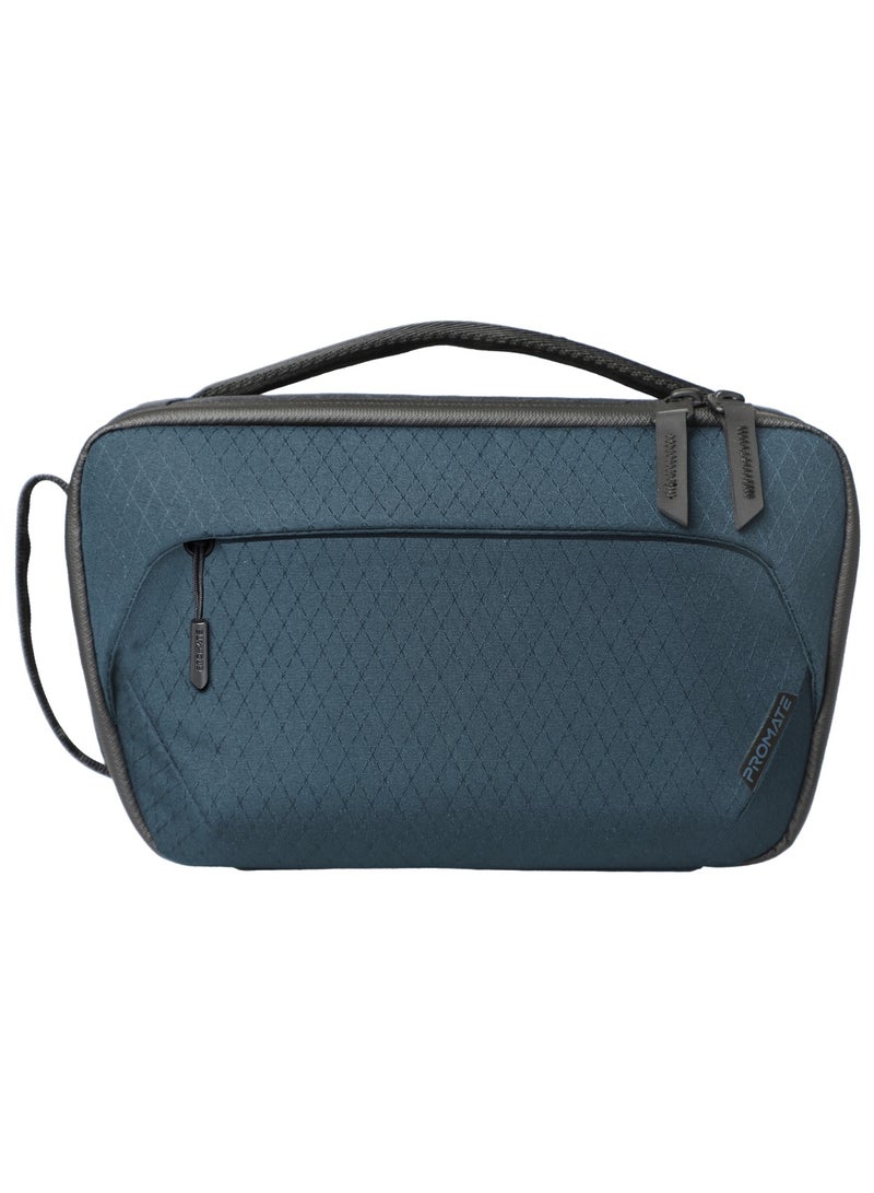 PROMATE Promate’s Compact Multi-Pocket Accessory Pouch with Smartphone Compatibility, Convenient Key Loop, Dual Carry Handles, Leather Card Slot, and Water-Resistant Nylon Material – UrbanPouch Blue Blue  - Image 1