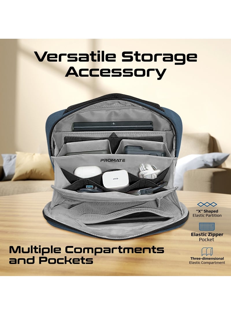 PROMATE Promate’s Compact Multi-Pocket Accessory Pouch with Smartphone Compatibility, Convenient Key Loop, Dual Carry Handles, Leather Card Slot, and Water-Resistant Nylon Material – UrbanPouch Blue Blue  - Image 2
