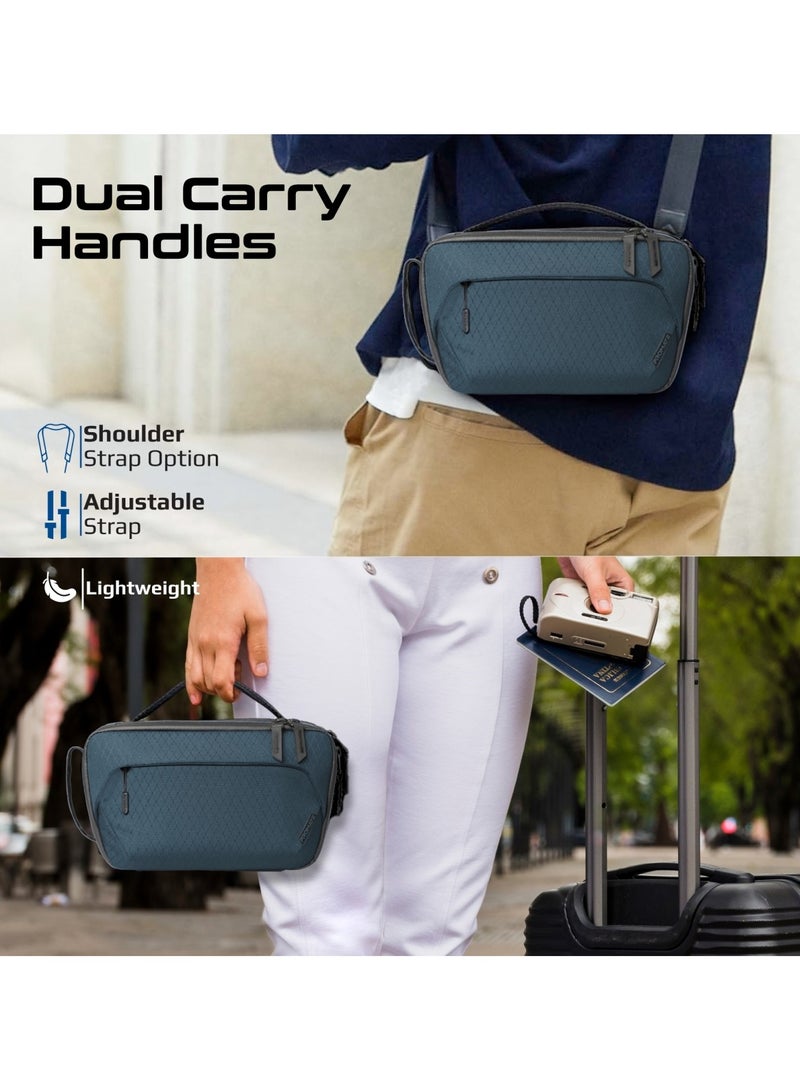 PROMATE Promate’s Compact Multi-Pocket Accessory Pouch with Smartphone Compatibility, Convenient Key Loop, Dual Carry Handles, Leather Card Slot, and Water-Resistant Nylon Material – UrbanPouch Blue Blue  - Image 3