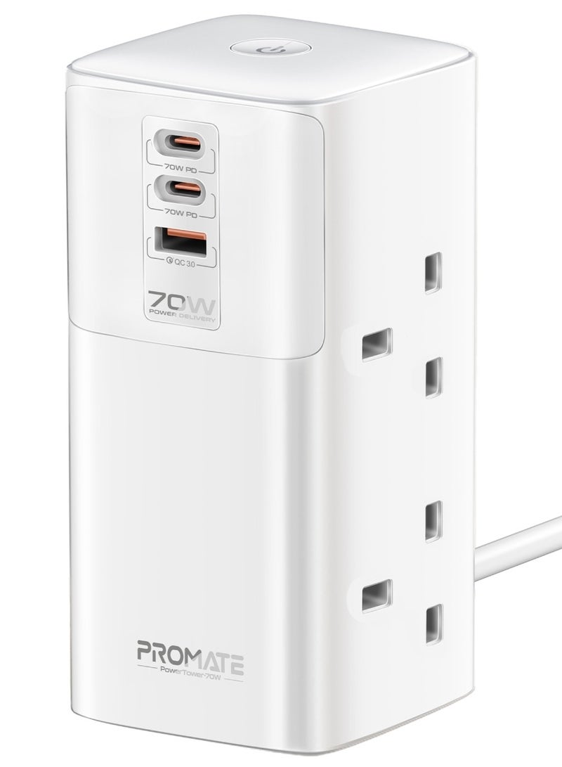 بروميت Promate Multi-Port Charging Station with Dual PD70W USB-C Ports, Quad Universal 2500W AC Sockets, 30W QC 3.0 Port, Adaptive Fast Charging, Fireproof Materials, and 3m Cable for Safety and Efficiency – PowerTower-70W White White  - Image 1