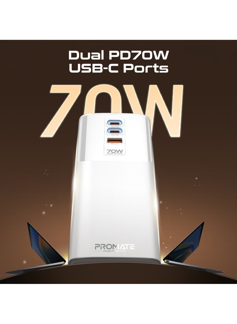 بروميت Promate Multi-Port Charging Station with Dual PD70W USB-C Ports, Quad Universal 2500W AC Sockets, 30W QC 3.0 Port, Adaptive Fast Charging, Fireproof Materials, and 3m Cable for Safety and Efficiency – PowerTower-70W White White  - Image 3