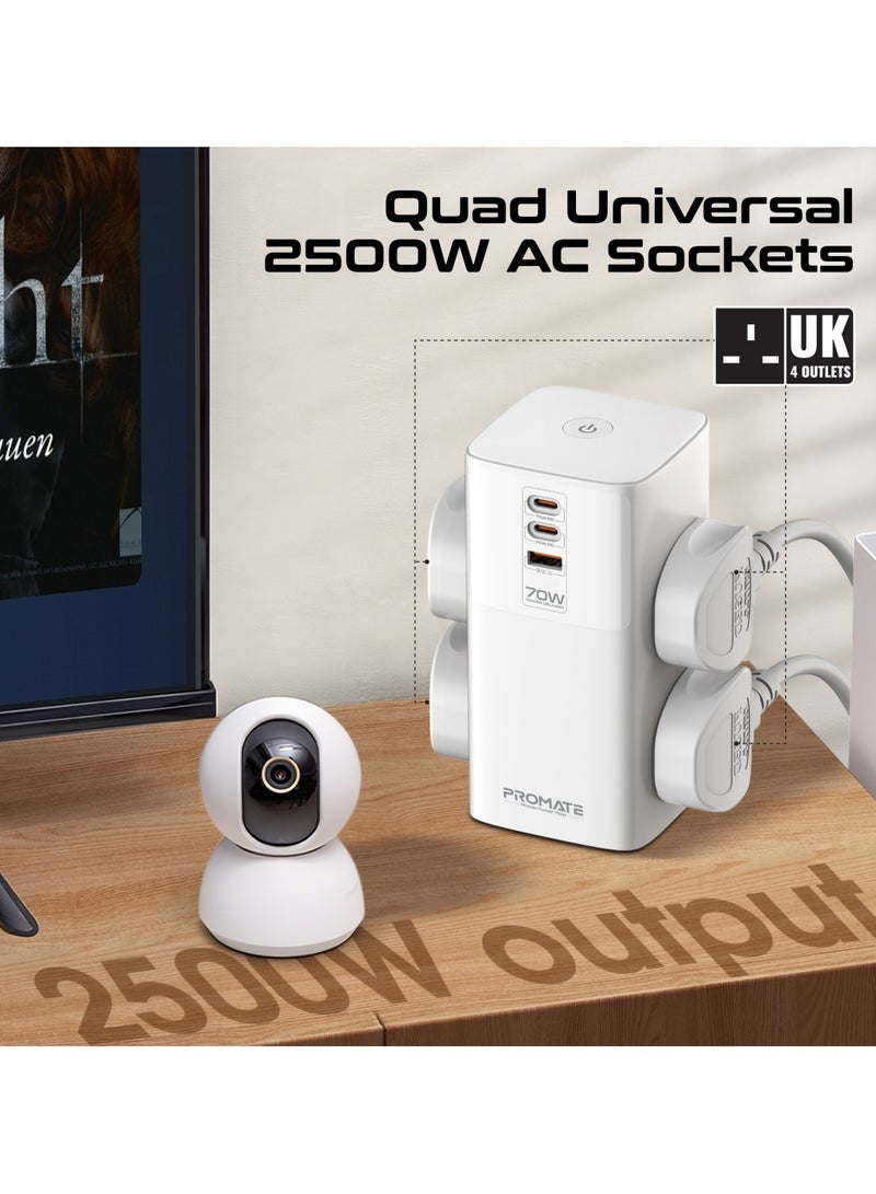 بروميت Promate Multi-Port Charging Station with Dual PD70W USB-C Ports, Quad Universal 2500W AC Sockets, 30W QC 3.0 Port, Adaptive Fast Charging, Fireproof Materials, and 3m Cable for Safety and Efficiency – PowerTower-70W White White  - Image 4