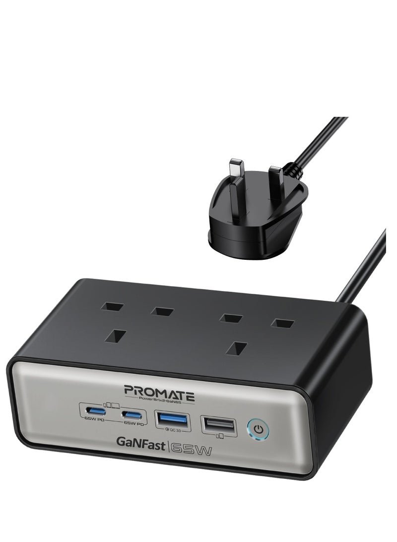 بروميت Charging Station, 6-in-1 Multi-Port 65W GaNFast  Power Extension with Dual 3250W AC Sockets, Dual 65W USB-C Power Delivery Ports, 60W Black Black  - Image 1